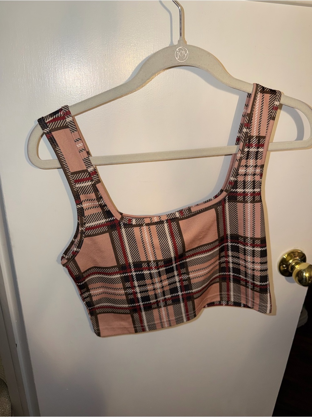SHEIN Pink Plaid Square-Neck Crop Top